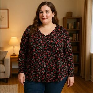 Croft & Barrow Womens 4X Black Floral Stretch V-Neck Long Sleeve Casual Blouse